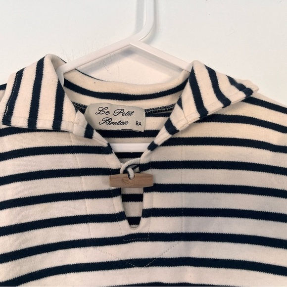 Le petit Breton. Striped Kids Shirt with Toggle Closure 8yo Cream/Navy Blue - Picture 5 of 6